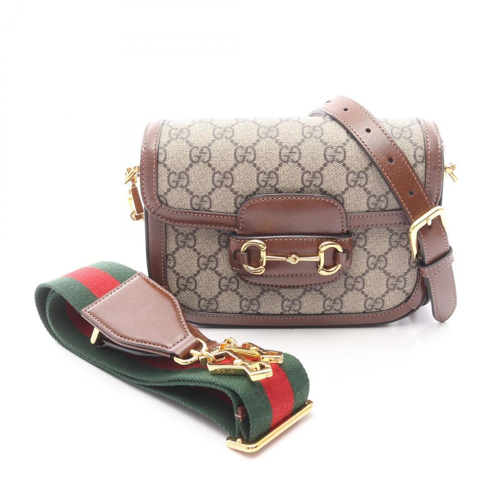 Gucci Horsebit Shoulder Bag Canvas Leather Beige Brown